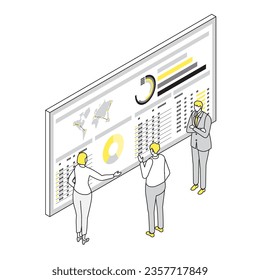 This is an illustration of businessmen talking about management in front of a management dashboard.