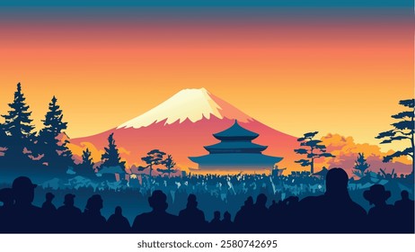 This illustration captures the awe-inspiring scene at the Fuji Rock Festival, held annually in Niigata, Japan, with Mount Fuji towering in the background.