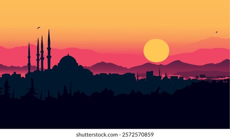 This illustration captures the beauty of Ankara, Turkey, during the golden hour at sunset. The scene depicts the silhouette of a mosque with tall minarets standing against a vibrant sky