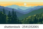 This illustration captures the breathtaking beauty of the Great Smoky Mountains National Park, straddling the border of Tennessee and North Carolina. 