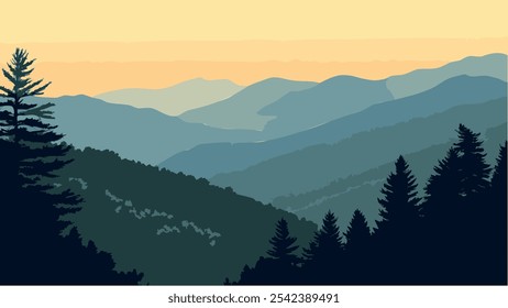 Diese Illustration zeigt die atemberaubende Schönheit des Great Smoky Mountains National Park, der die Grenze zwischen Tennessee und North Carolina überspannt. 