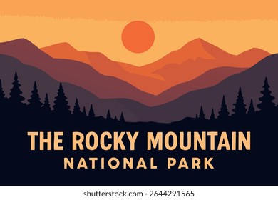 This illustration captures the breathtaking beauty of Rocky Mountain National Park's majestic peaks, showcasing towering mountains with snow-capped summits under a vibrant sunrise sky. 