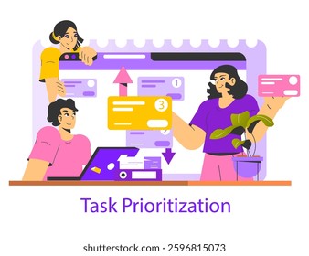 This illustration captures the concept of task prioritization in a collaborative workspace. It highlights individuals engaging with digital tools, organizing tasks, and optimizing their workflow
