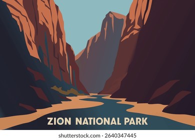 This illustration captures the dramatic view of Zion Canyon from The Narrows trail, with towering rock walls surrounding the narrow canyon