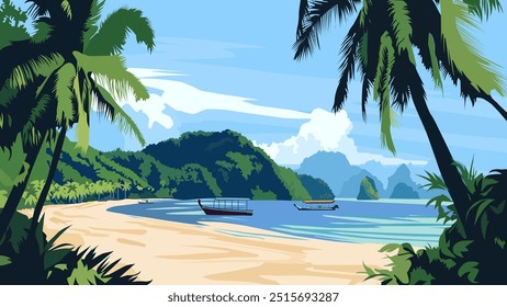 Esta ilustración captura la esencia de Koh Samui, el paraíso tropical de Tailandia. Las palmeras enmarcan el primer plano, sus exuberantes hojas verdes se balancean suavemente en la brisa