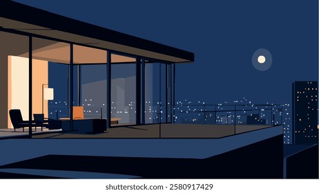 This illustration captures the essence of luxury living with a sleek penthouse interior that overlooks the dazzling city skyline.