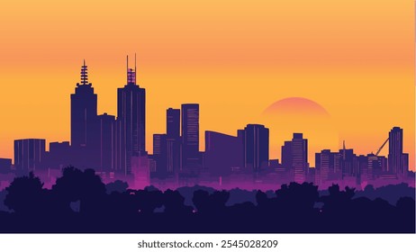 This illustration captures the essence of Melbourne, Australia, showcasing a blend of modern skyscrapers and classic architecture along the Yarra River