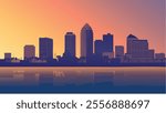 This illustration captures the essence of New Orleans at sunset, showcasing its vibrant skyline against a beautiful gradient sky that transitions from warm golds to cool blues.