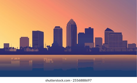 This illustration captures the essence of New Orleans at sunset, showcasing its vibrant skyline against a beautiful gradient sky that transitions from warm golds to cool blues.