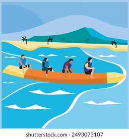 This Illustration captures the essence of outdoor leisure activities with a banana boat in a tropical setting, suggesting adventure, leisure activity, highlighting nature, teamwork, and exploration