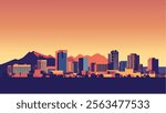 This illustration captures the essence of Tucson, Arizona, with a stylized cityscape that blends modern architecture against the backdrop of desert mountains.