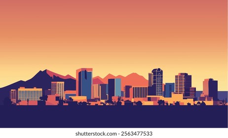 This illustration captures the essence of Tucson, Arizona, with a stylized cityscape that blends modern architecture against the backdrop of desert mountains.