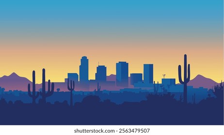 This illustration captures the essence of Tucson, Arizona, with a stylized cityscape that blends modern architecture against the backdrop of desert mountains. 