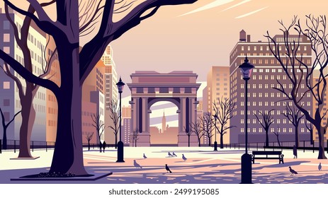 This illustration captures the essence of Washington Square Park, a historic and vibrant green space located in the heart of Greenwich Village, New York City