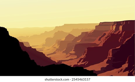 Esta ilustração captura a beleza expansiva do Grand Canyon ao pôr do sol, onde as altas montanhas, falésias irregulares e ravinas profundas são banhadas em tons quentes e dourados