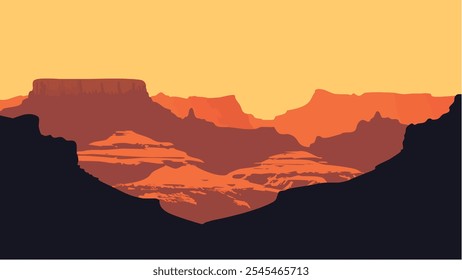 Diese Illustration zeigt die weitläufige Schönheit des Grand Canyon bei Sonnenuntergang, wo die aufragenden, zerklüfteten Klippen und tiefen Schluchten in warmen, goldenen Tönen gebadet sind.