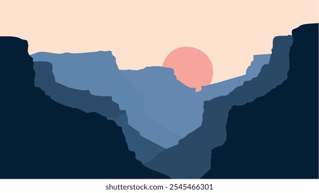 Esta ilustração captura a beleza expansiva do Grand Canyon ao pôr do sol, onde as altas montanhas, falésias irregulares e ravinas profundas são banhadas em tons quentes e dourados.