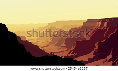 This illustration captures the expansive beauty of the Grand Canyon at sunset, where the towering, jagged cliffs and deep ravines are bathed in warm, golden hues