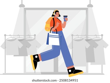 This illustration captures a female traveler happily walking with shopping bags in hand and a sense of excitement in her step, she navigates the crowded streets, eager to find the best shopping spots.