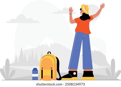 This illustration captures a female traveler immersed in the beauty of a mountainous landscape and pristine nature. 