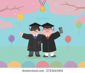 Esta ilustração captura os formandos tirando uma foto comemorativa alegre sob flores de cereja florescentes, simbolizando realização, amizade e memórias estimadas, ideal para a formatura e desenhos sazonais.