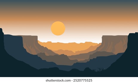 Esta ilustración captura el Gran Cañón en un estilo de Vector minimalista, enfatizando el amplio paisaje bajo los tonos cálidos de un sol poniente.