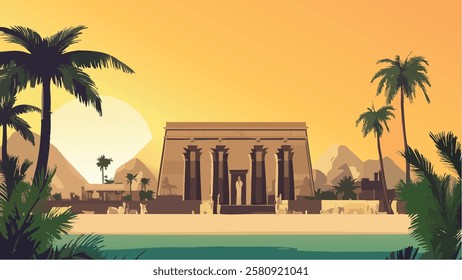 This illustration captures the grandeur of the Temple of Luxor, located on the banks of the Nile River in Egypt. 