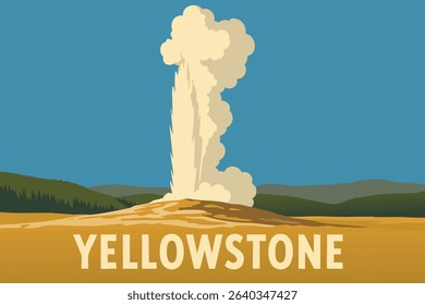 This illustration captures the iconic eruption of Old Faithful Geyser in Yellowstone National Park at dawn.