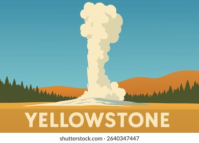 This illustration captures the iconic eruption of Old Faithful Geyser in Yellowstone National Park at dawn. The geyser’s steam rises into the crisp morning air