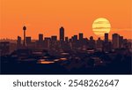 This illustration captures the iconic Johannesburg skyline during a vibrant sunset, with the city’s towering buildings silhouetted against a gradient of warm colors—orange, pink, and purple