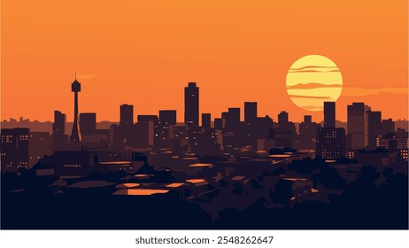 This illustration captures the iconic Johannesburg skyline during a vibrant sunset, with the city’s towering buildings silhouetted against a gradient of warm colors—orange, pink, and purple