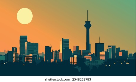 This illustration captures the iconic Johannesburg skyline during a vibrant sunset, with the city’s towering buildings silhouetted against a gradient of warm colors—orange, pink, and purple. 