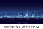 This illustration captures the iconic Las Vegas skyline illuminated under a clear, starry night sky. The image highlights the city’s vibrant, neon-lit towers and landmarks