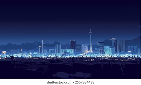 This illustration captures the iconic Las Vegas skyline illuminated under a clear, starry night sky. The image highlights the city’s vibrant, neon-lit towers and landmarks