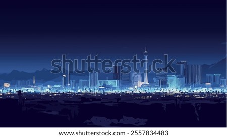 This illustration captures the iconic Las Vegas skyline illuminated under a clear, starry night sky. The image highlights the city’s vibrant, neon-lit towers and landmarks