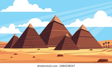 This illustration captures the iconic Pyramids of Giza set against a bright, clear sky. The ancient structures are depicted in a flat design style, emphasizing their geometric shapes 