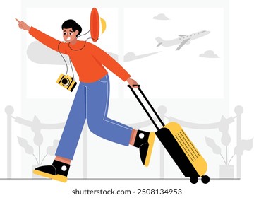 This illustration captures a male traveler running down the hallway of a busy airport terminal, determined to catch his flight.