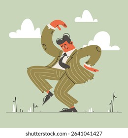This illustration captures a man joyfully dancing in a striped suit, set against a backdrop of a soft green field dotted with simple grass details and a sky with fluffy white clouds.