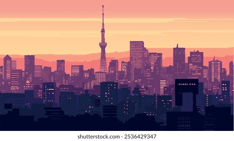 This illustration captures the mesmerizing skyline of Tokyo at dusk, where the sun sets in a vibrant gradient of pinks and oranges