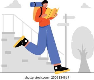 This illustration captures the moment when a backpacker looks at a map as their travel guide. With backpacks on their shoulders and eyes full of curiosity, backpackers study the map to plan their next