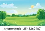 This illustration captures a peaceful, vibrant morning landscape filled with lush greenery and soft sunlight.