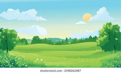 This illustration captures a peaceful, vibrant morning landscape filled with lush greenery and soft sunlight.