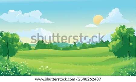 This illustration captures a peaceful, vibrant morning landscape filled with lush greenery and soft sunlight.