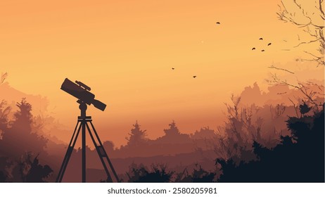 This illustration captures the quiet beauty of stargazing with a telescope, set against a golden sunset sky. A full moon looms large in the distance, its light casting an ethereal glow over the scene.