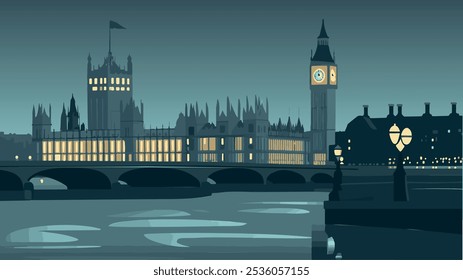 Esta ilustración captura una serena vista nocturna de Londres, mostrando Lugares famosos icónicos como el Big Ben y las Casas del Parlamento iluminadas contra un cielo crepuscular.