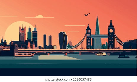 Esta ilustração captura uma serena vista noturna de Londres, mostrando marcos icônicos como Big Ben e as Casas do Parlamento iluminadas contra um céu crepuscular. 