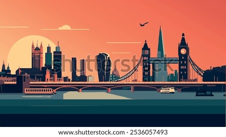 This illustration captures a serene evening view of London, showcasing iconic landmarks such as Big Ben and the Houses of Parliament illuminated against a twilight sky. 