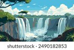 This illustration captures the serene and majestic beauty of Victoria Falls, one of the largest and most famous waterfalls in the world. 