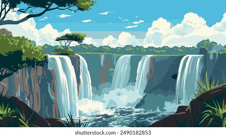 This illustration captures the serene and majestic beauty of Victoria Falls, one of the largest and most famous waterfalls in the world. 