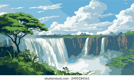 Esta ilustración captura la serena y majestuosa belleza de las Cataratas Victoria, una de las más Grandes y famosas cascadas del mundo